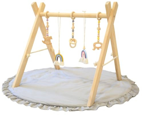 Lucknel® Montessori - Arco da gioco per bambini, in legno, con giocattoli da appendere e tazze da impilamento, palestra per coordinazione occhio-mano, tappetino lavabile, rivestimento rimovibile,