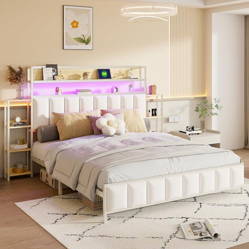 Gegtuon Polsterbett Bettrahmen 160x200 mit LED-Beleuchtung, Doppelbett mit Stauraum Kopfteil Regal, Jugendbett Bett mit Lattenrost aus Holz für Schlafzimmer, Kunstleder, Weiß, ohne Matratze