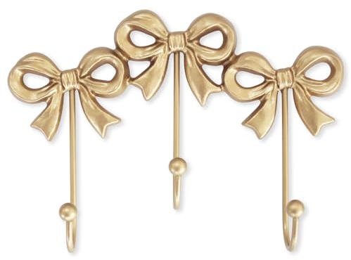 Small Bow Wall Hook,Gold Wall Mounted Functional Hooks,Antique Gold Cast Iron Hook for Coats,Bags, Bath Towels,Room Decorations,Girls Room,Bathroom,Office(Three-Bows Hooks:8.27x5.59 inches)
