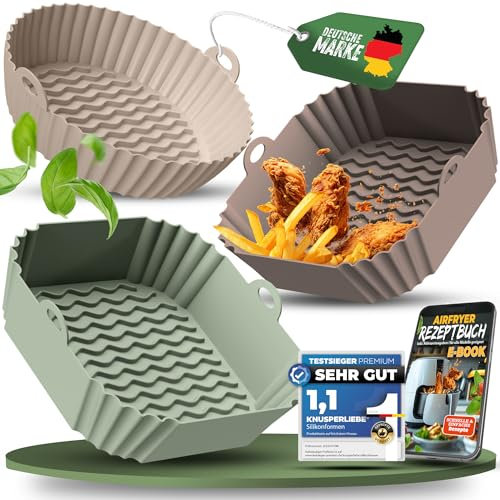 KNUSPERLIEBE® 3er SET Silikonform für Heißluftfritteuse Zubehör | Silikoneinsatz für Airfryer, Spülmaschinen geeignet, BPA-FREI, Air fryer, ab 3,7L für Ninja Double Stack, Philips, Cosori, Tefal uvm.