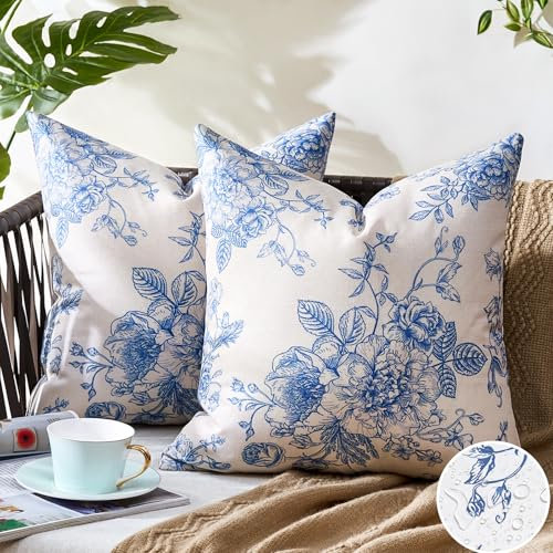 Aisybaklyn Kissenbezug 45X45 2 Stück Zierkissen Leinen Blaue Weiße Blume Dekokissen Vintage Dekorativ Kissenhüllen Chinoiserie Outdoor Kissen für Couch Bett Sofa Stuhl Auto Dekor