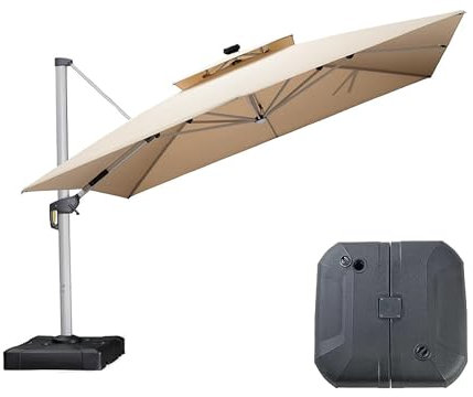 PURPLE LEAF Parasol Déporté 3,65 x 3,65 m Carré avec LED et Pied, Parasol de Jardin Extérieur à Toit Double Rotatif 360°,Protection UV, Pour Terrasses, Piscines, Restaurants Extérieurs, Beige