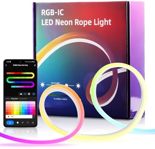 Aurevita 10m RGB IC Neon LED Strip Lights, Flexible USB Led Rope Lights with Bluetooth APP Control, IP65 Outdoor Sync Gaming RGB Neon Lights for Bedroom, Wall, Gaming Deco