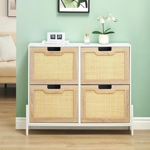 OPULENTHOME Schuhschrank Schmal Schuhkipper mit 4 Klappen, Schuhregal mit natürliches Rattan, Shoe Cabinet mit 8 einstellbar Ablageflächen, Schuhkommode für Flur Eingang 100 x 24 x 88 cm