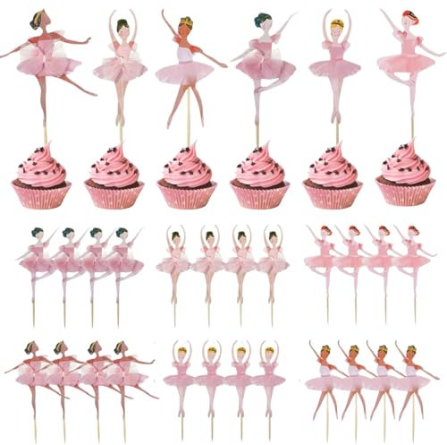 24 Stück Ballerina Cupcake Toppers Rosa Ballettrock Design, Tortendeko für Mädchen, Ballerina Geburtstag Deko, Cupcake Topper für Babyparty, Hochzeit und Ballett Party Dekoration