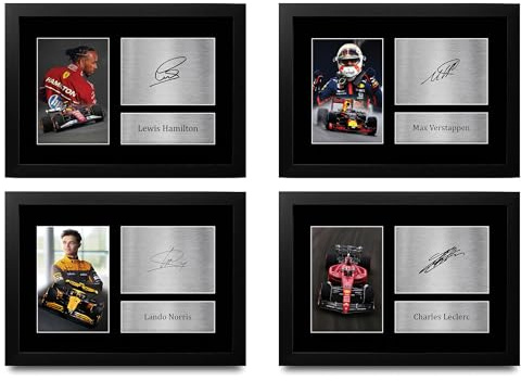 HWC Trading Hamilton, Verstappen, Norris & Leclerc Geschenke Gedrucktes Signiertes Autogramm Foto für Fromula 1 und Motorrennen Fans - A4 Gerahmt