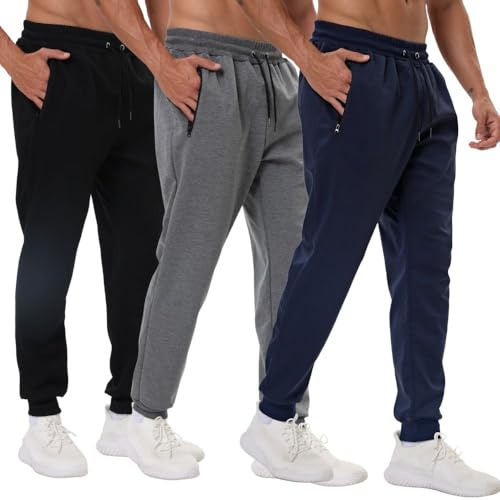 Bsrpolry Confezione da 3 pantaloni sportivi da uomo con tasche con cerniera, pantaloni da allenamento da palestra per corsa e jogging