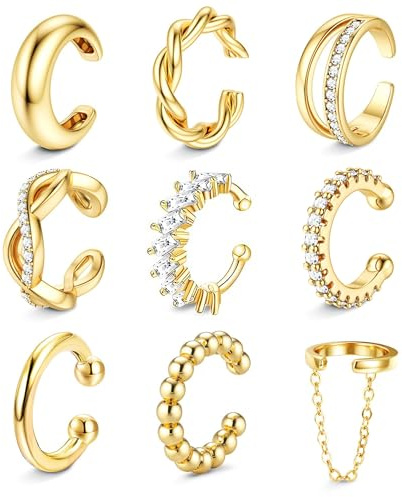 9PCS 14K Gold Plated Ear Cuff Earrings for Women Non Piercing jewelry