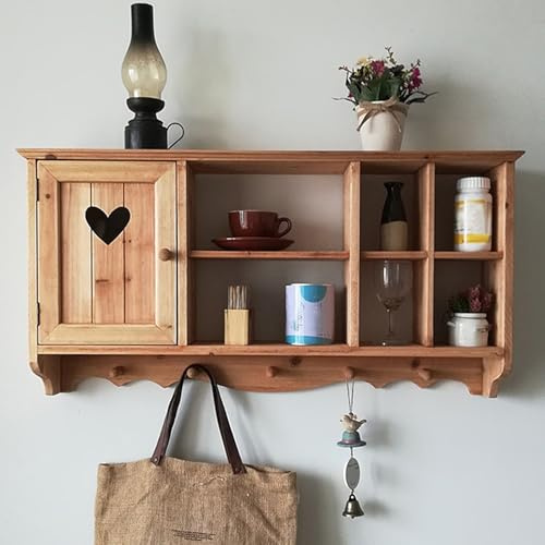 Leaceuv Mensole da Muro con 5 Ganci,Vetrina da Parete,Mensola Sospesa da Parete,Pensile Guardaroba di Legno,Appendiabiti da Paretes per Ingresso,per Soggiorno,Cucina,Studio,Bagno(Wood)