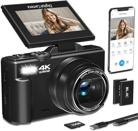 4K-Digitalkamera für Fotografie, 64 MP HD WiFi-Vlogging-Kamera für YouTube mit 7,6 cm (3 Zoll) 180° Flip-Bildschirm, 18-facher Digitalzoom, Autofokus-Kompaktkamera mit Blitz, 32 GB TF-Karte und 2