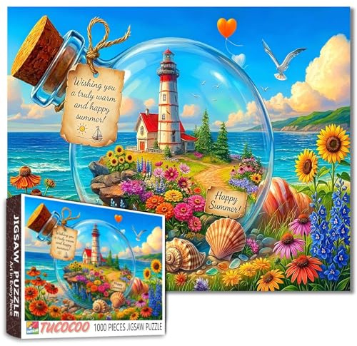 Seaside Jigsaw Puzzle Flower Lighthouse in Glass Bottle Scene Puzzle 1000 Piece for Adults Colorful Ocean Summer View Artwork Relaxing Challenging Fun Puzzles 19.7 x 27.6 Inches Gift Home Decor