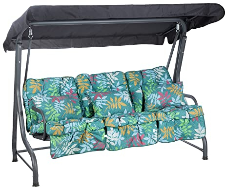 Alfresia Roma 3-Seater Garden Swing Seat - Outdoor Patio Swing Chair with Adjustable Waterproof Canopy and Classic Cushions, Charcoal Canopy and Frame, Alexandra Green Leaf Classic Cushions