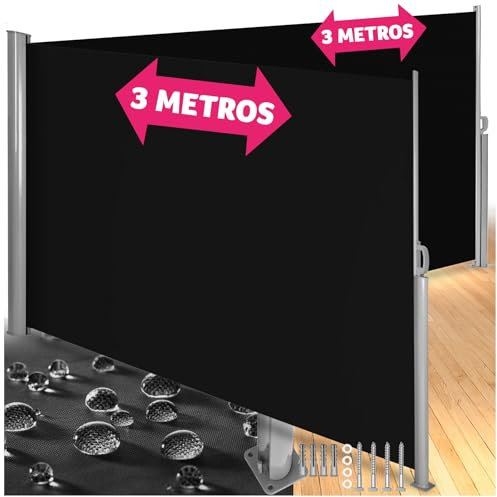 tectake® Toldo Lateral Retráctil, Separador de Ambientes Exterior, Tela Toldo Impermeable 220g/m², Protección Solar, Viento, Privacidad, Toldos Exterior Terraza, Biombo Exterior - 200x600 cm Negro