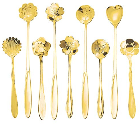 9 Pcs Flower Spoon Coffee Teaspoon Set, ESRISE Stainless Steel Tea Spoon for Tea Party Decorations (Gold)