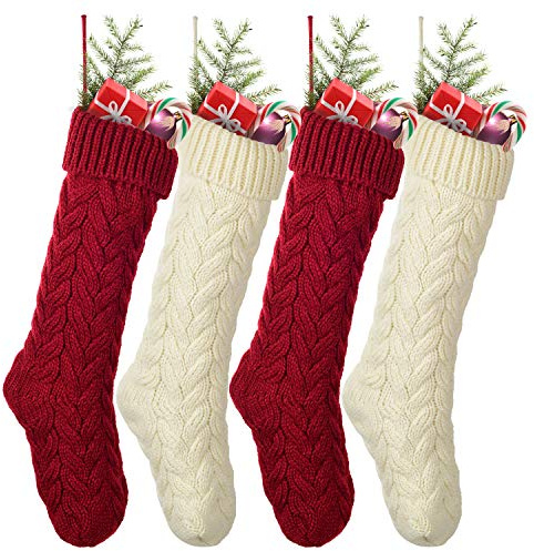 DearHouse Christmas Stockings, 4 Pack 19 inches Large Size Cable Knit Knitted Xmas Stockings, Rustic Personalized Stocking Decorations for Family Holiday Season Decor, Cream Burgundy