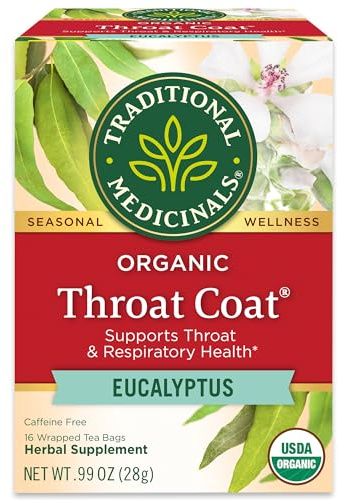 Traditional Medicinals Organic, Throat Coat Tea, Eucalyptus & Slippery Elm - Supports Respiratory and Throat Health - Kosher, Non-GMO, Caffeine-Free, Compostable - 16 Tea Bags