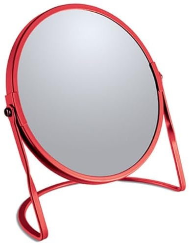 Spirella - Miroir grossissant sur Pied Akira - Acier Robuste - Double Face avec Grossissement x5 et Miroir Classique - Pivotant à 360° - Rouge Mat