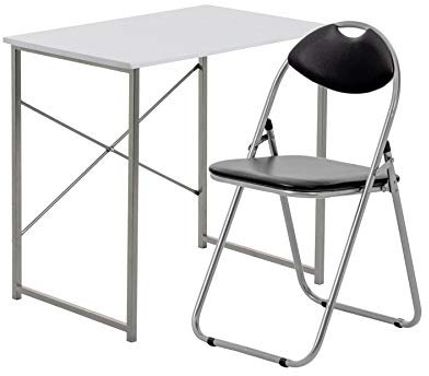 Harbour Housewares Industrial Office Desk & Chair Set - 80cm - White/Black - PC Computer Workstation Contemporary Laptop Durable Tubular Steel Compact Wooden Desk and Folding Chair for Study, Offices