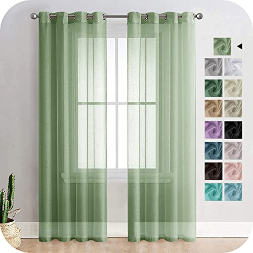 MRTREES Voile Gardinen Vorhang halbtransparent kurz mit Ösen in Leinenoptik Stores Gardinen Schals für Wohnzimmer Schlafzimmer Kinderzimmer Olivgrün 225×140cm (H×B) 2er Set