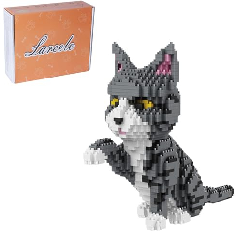 Larcele 1300 Stücke Mikro Bausteine Spielzeug Kit, Mini Tier Bricks Bauen Bauklötze Satz KLJM-05(Graue und Weiße Katze) Mehrweg