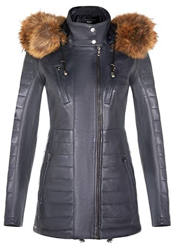 Infinity Leather Navy Blau Damen Leder Parka Jacke Gesteppte Abnehmbare Kapuze Regenmantel 5XL