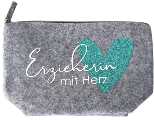Geschenk Erzieherin mit Herz | Filztasche in Dunkelgrau Geschenkidee | Abschiedsgeschenk Kindergarten für Erzieher | Tasche Herz in Mint