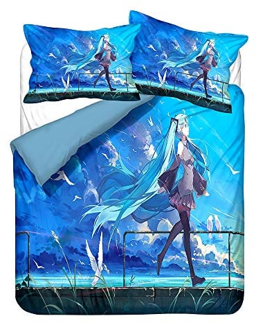 Hatsune Miku schönes Mädchen Anime Bettwäsche-Sets Cartoon 3D-gedrucktes Polyestergewebe 1 Bettbezug + 1/2 Kissenbezüge (keine Bettdecke)
