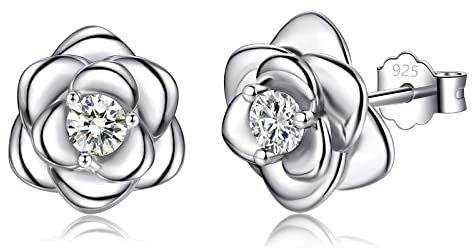 Sterling Silver Stud Earrings for women, Silver Flower Cubic Zirconia Hypoallergenic Helix Cartilage Earrings Jewelry Gifts for Girls