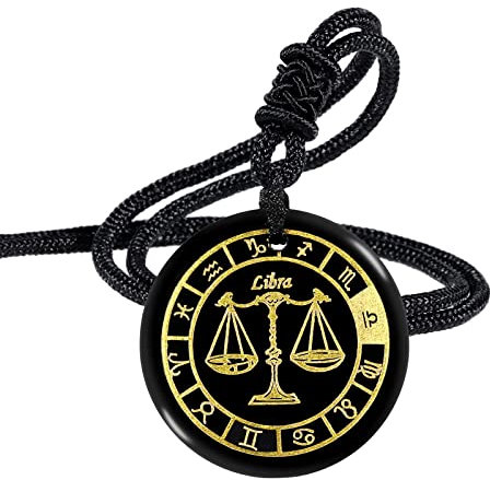 Nupuyai 12 Sternbild Obsidian Kette Damen Herren Talisman Heilstein Kette mit Anhänger Glücksbringer für Chakra Heilung, Horoskop Astrologie (Waage)