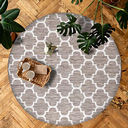 payé Outdoor Teppich Rund - 200x200cm - Wetterfest - Beige Weiß - Netz Raute - Teppiche für Terrasse Balkon Garten Indoor