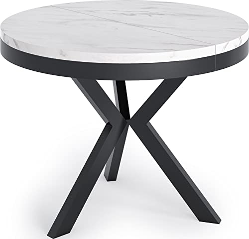 WFL GROUP Runder Ausziehbarer Esstisch - Tisch im Loft-Stil mit Schwarz Metallbeinen - Industrieller Tisch für Wohnzimmer - Spacesaver - Weiß Marmor - 100-140 cm