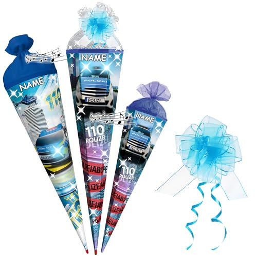 Schultüte - Polizei Fahrzeug - 70-100 cm - Größe wählbar - 6 eckig - incl. Name und Schleife - Tüll Abschluß - mit Holzspitze - Zuckertüte - Roth - für Jung..