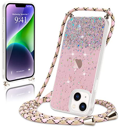 Wirvyuer Coque avec Cordon pour iPhone 14 Plus Coque Collier Paillette Téléphone Étui avec Cordon Réglable Transparent Silicone Case Housse avec Corde pour iPhone 14 Plus Rose