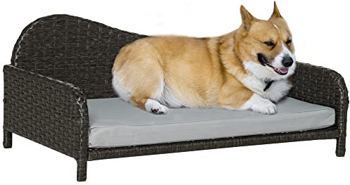 PawHut Canapé Panier pour Chiens et Chats, en résine tressée, avec Rembourrage, imperméable et Lavable, terne à l'intérieur et à l'extérieur. 75L x 45l x 35H cm