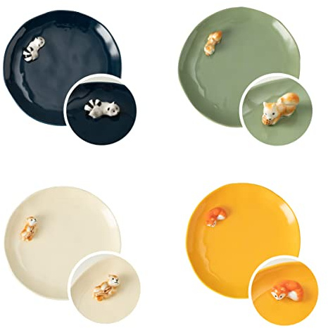 DIHOclub Keramikteller-Set, niedliches Tiermotiv, Dessert, Salat, Vorspeisen, kleiner Speiseteller Mikrowellen-, ofen- und spülmaschinenfest, Küchenporzellan-Schüssel (20.3 cm, Fuchs, Eichhörnchen)