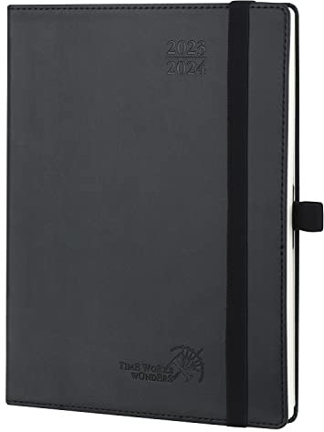 POPRUN Kalender 2023 2024 Wochenplaner 22 x 16,5 cm, 17-Monate-Terminplaner (Aug.2023-Dez.2024), Planer Softcover mit PU-Leder, Stiftschlaufe, FSC®-Zertifiziertem Papier - Schwarz