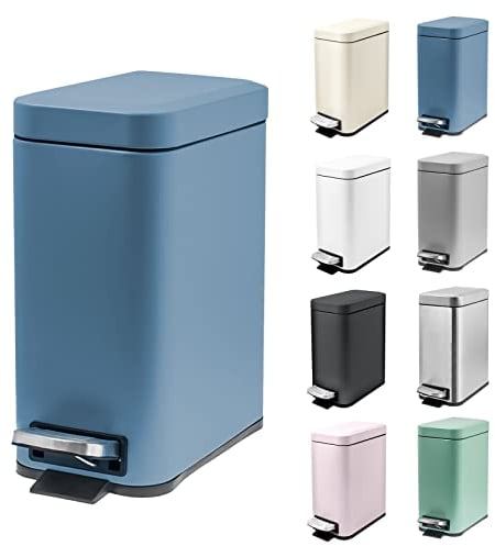 MSYU 5 Liter/1.3 Gallon Slim Small Trash Can with Lid Soft Close, Stainless Steel Garbage Can for Bathroom Bedroom Office, Rectangular Step Trash Bin with Removable Inner Waste Basket (Blue)