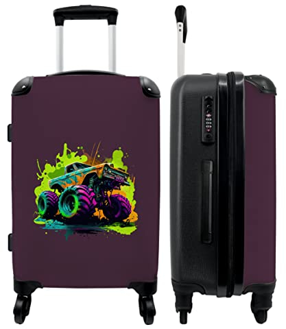 NoBoringSuitcases.com® Koffer groß Trolley Rollkoffer Reisekoffer mit 4 Rollen Fotokoffer - Monstertruck - Grün - Neon - Auto - Design - 67x43x25cm - 90 Liter