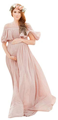 Abbigliamento Premaman Lungo Incinta Multiway Abito in Tulle Manica Lunga Pizzo Senza Spalline per Servizio Fotografico, Colore: Rosa