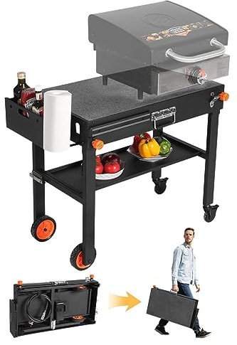 JiRiCHMi Blackstone Table de barbecue d'extérieur avec roulettes et plateau d'assaisonnement, chariot universel pour grille de 43,2 cm ou 55,9 cm, se replie à plat rapidement