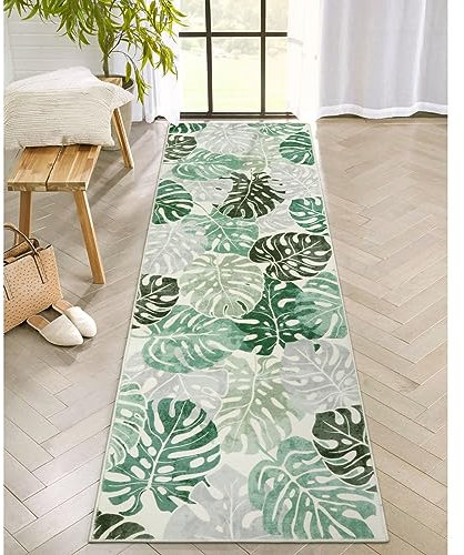 Wonnitar Waschbarer Teppichläufer mit Blättern, tropisches Grün, Küchenteppich, rutschfeste Monstera-Pflanze, fusselfrei, niedriger Flor, Akzentmatte für Flur, Schlafzimmer, Schrank
