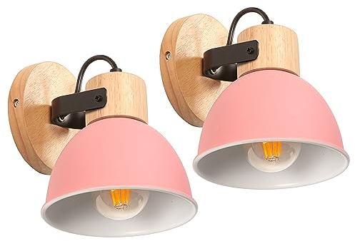 iDEGU 2 Stücke Wandleuchten Innen Vintage Wandlampe aus Holz und Eisen Industrie Design Lampe Retro Wandstrahler Verstellbare Deckenleuchte Wandspot Wohnzimmer Schlafzimmer Küche (Rosa)