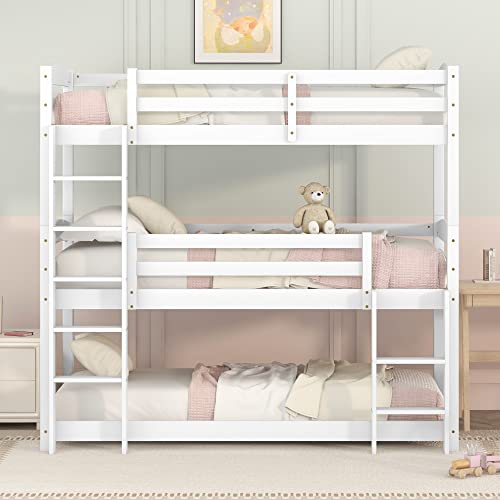 90x200cm Stockbett,Dreier Etagenbett für Kinder, DREI Abnehmbar in Einzelbett, Jungenbett Gästebett aus Kiefern (Weiß)