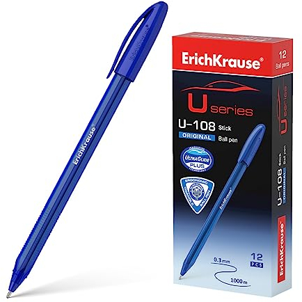 Kugelschreiber 0,3mm 12er Pack Blau - einfaches und weiches Schreiben - schlanke Form & transparent - Kullis & Schreibtischzubehör - U-108 Original