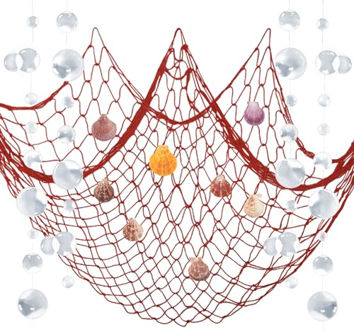 ZERODECO Fischernetz Deko, Natürliche Fischnetz Party Dekorationen für Marine Dekor Meerjungfrau Piraten Party Hochzeit Geburtstagsparty, Baumwolle Fischnetz mit Muscheln Blase Girlanden, Rot