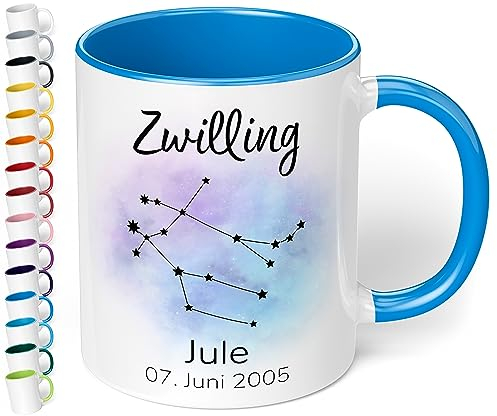 Sternzeichen Keramik-Tasse mit Namen, Datum und 12 Sternenbilder personalisiert – 330ml - Statement Kaffeebecher, kleine Geschenke für Kollegen Büro Geburtstag Weihnachten (Cambridge Blau)