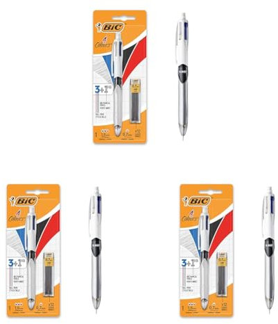 BIC 4 Couleurs 3+1 HB Stylo-Bille Rétractable et Porte-Mines, Parfait pour l'Ecole et au Bureau, Blister de 1 + 12 Mines 0,7 mm HB (Lot de 3)