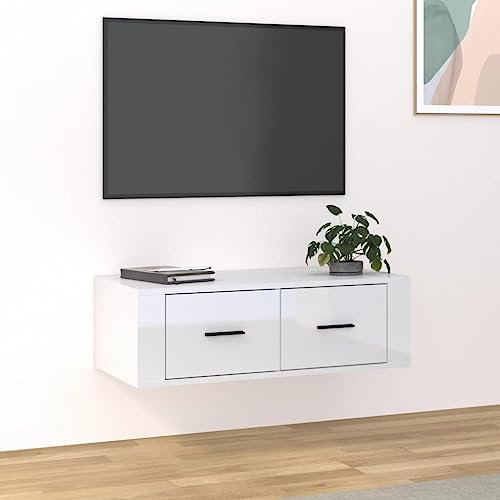 Hovothy Meuble TV Suspendu Blanc Brillant 80x36x25 cm Bois d'ingénierie Armoire Télévision Décoration Salon Intérieure Dessus Robuste Vitrine d'affichage pour Placer Photo Objets Décoratifs