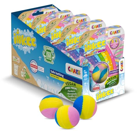 INKEE RAINBOW Komplettes Verkaufsdisplay, 15x Kinder Badebomben, Regenbogen Badekugeln mit verschiedenen Farbschichten und Marshmallow-Duft, mit Mandelöl