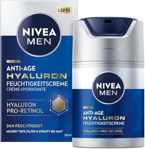 NIVEA MEN Anti-Age Hyaluron fuktkräm, ansiktsvård för män med hyaluron, Pro-Retinol och SPF 15, ansiktskräm för 24 timmar fukt och synlig rynklindring (50 ml)